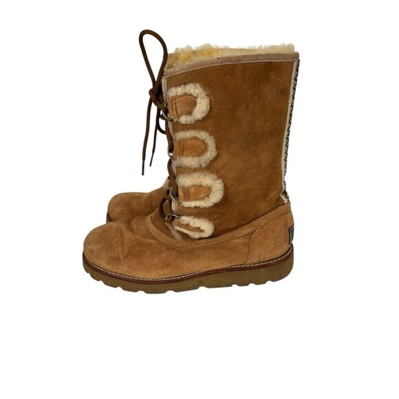 UGG Rommy Boots Womens 8 Tan Brown Suede Shearling Mid-Calf Lace-Up Nordic 3219 - Picture 2 of 14